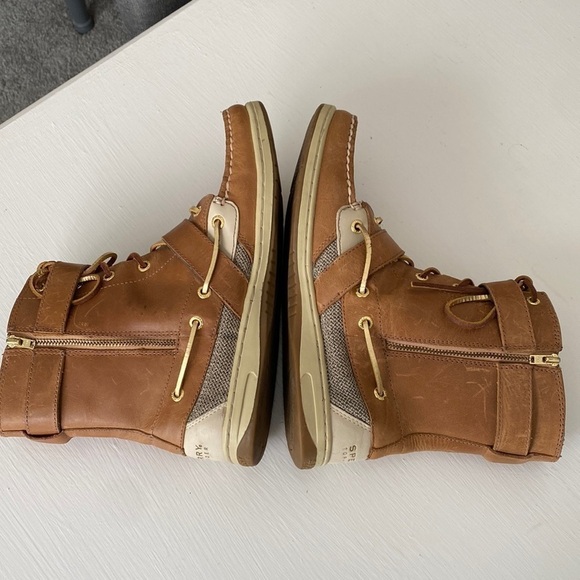 Sperry Top Sider Leather Upper Boots Gold Laces Lace Up Double Buckle Like New - Picture 11 of 17